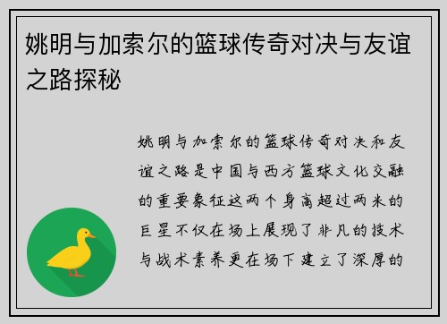 姚明与加索尔的篮球传奇对决与友谊之路探秘